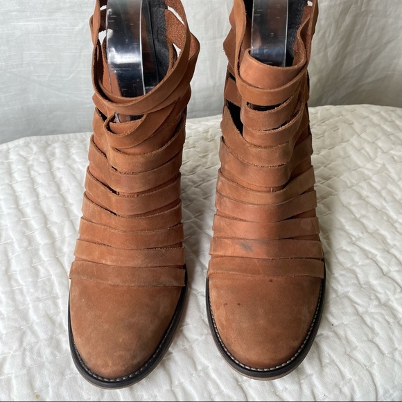 Free People Strappy Hybrid Stacked Heel Boot Brown Leather 38 Brown Zip Strap - Picture 11 of 15
